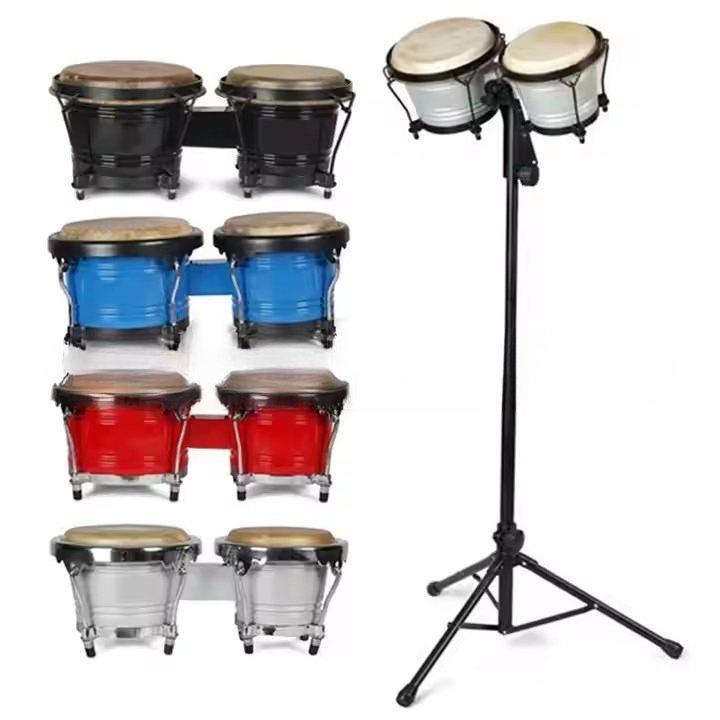 Bongo Drum Set - กลองบองโกแบบมืออาชีพพร้อมขาตั้ง ชุดกลองปรับระดับความสูงได้ เครื่องดนตรีแอฟริกัน อุปกรณ์เสริม หลายสี