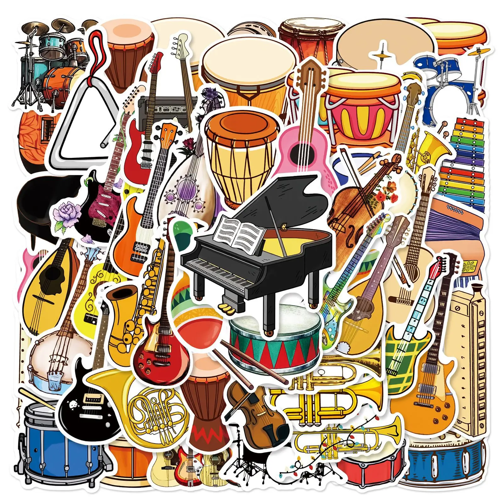 Musical Instrument Tabla - สติกเกอร์ลายการ์ตูนเครื่องดนตรี DIY 50 ชิ้น ชุดสำหรับเปียโน ไวโอลิน