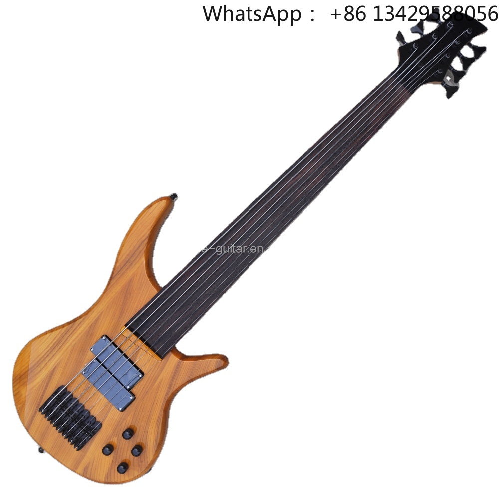 Bass Guitar Fretless - กีตาร์เบสไฟฟ้า Flyoung สีเหลือง 7 สาย พร้อมฟิงเกอร์บอร์ดไม้โรสวูด